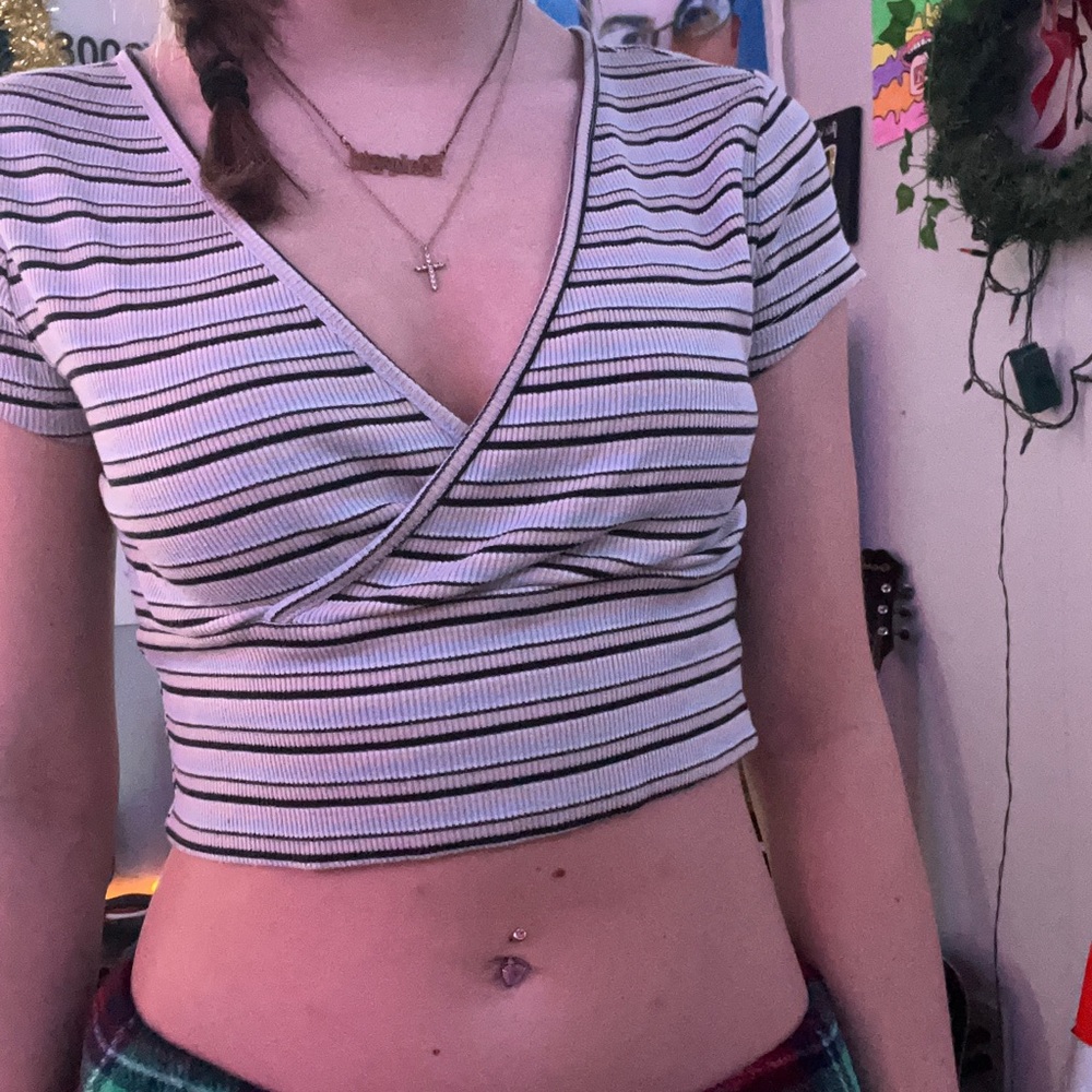 Light pink, blue, black and white stripped v neck crop top.